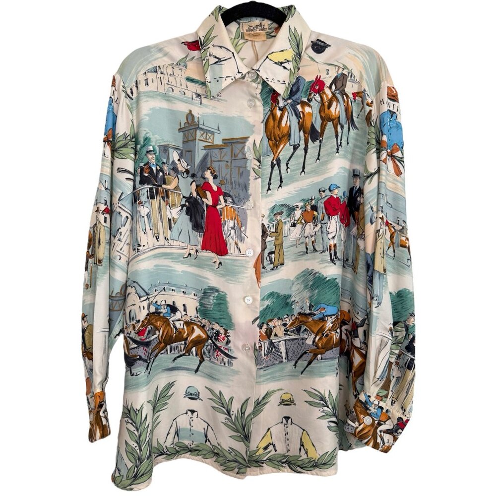 HERMES Vintage Chantilly Ivory Blue Silk Blouse Women FR42 Women L XL 12 14 16